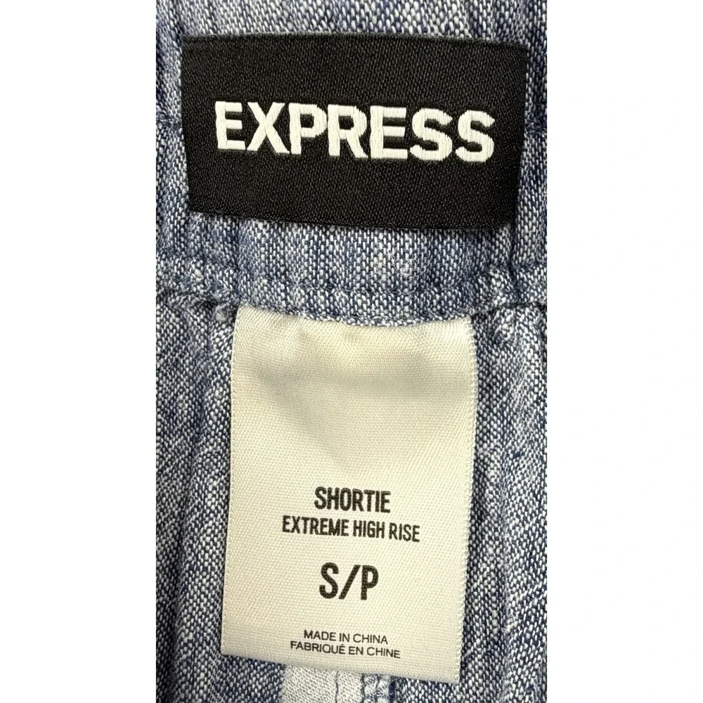 Express Shorts Shortie Extreme High Rise Blue Linen Blend Belted Pockets Small